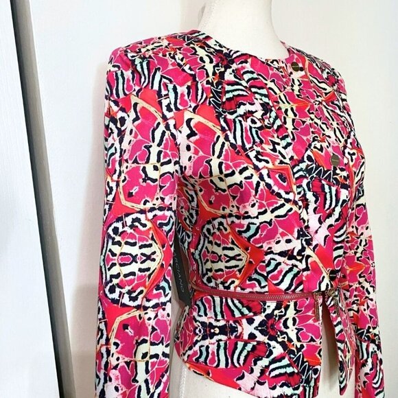 NWT MARCIANO PINK COLORFUL ABSTRACT PRINT ZIPPED HEMLINE ASYMMETRICAL JACKET - 4 - Picture 4 of 11